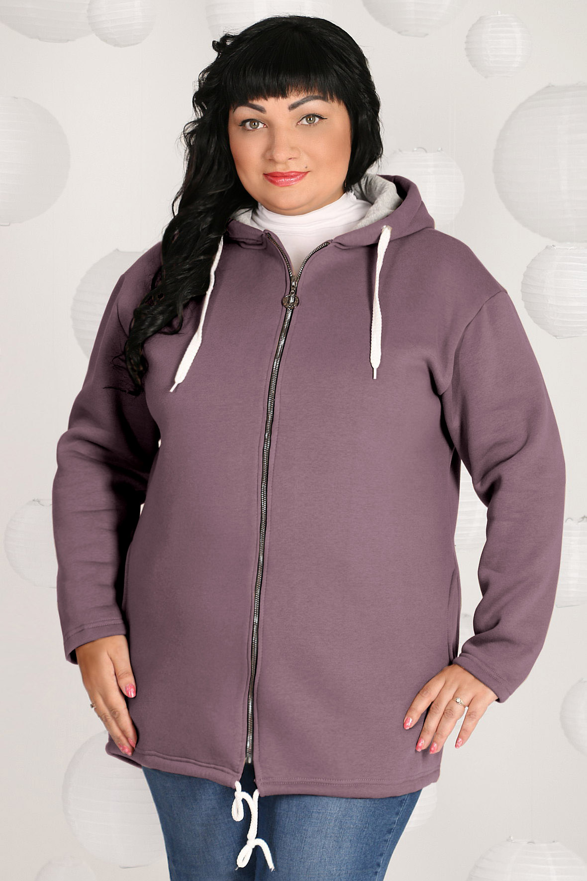 Толстовка сиреневая на молнии с капюшоном утепленная больших размеров ...
